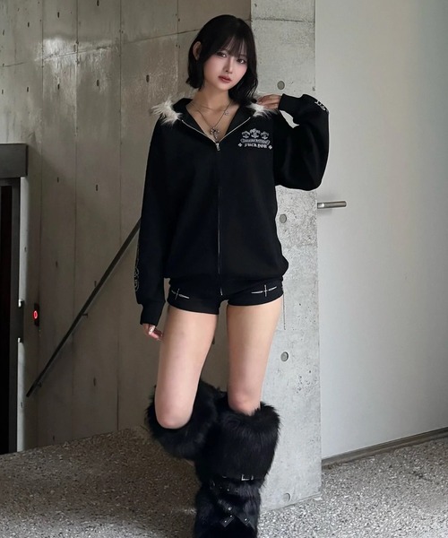 ZIPPER CLUB パーカー cross design fur zip レディース メンズ