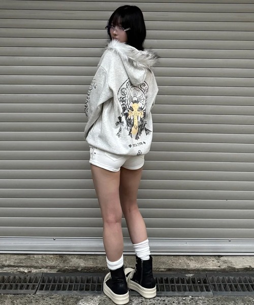 ZIPPER CLUB パーカー cross design fur zip レディース メンズ