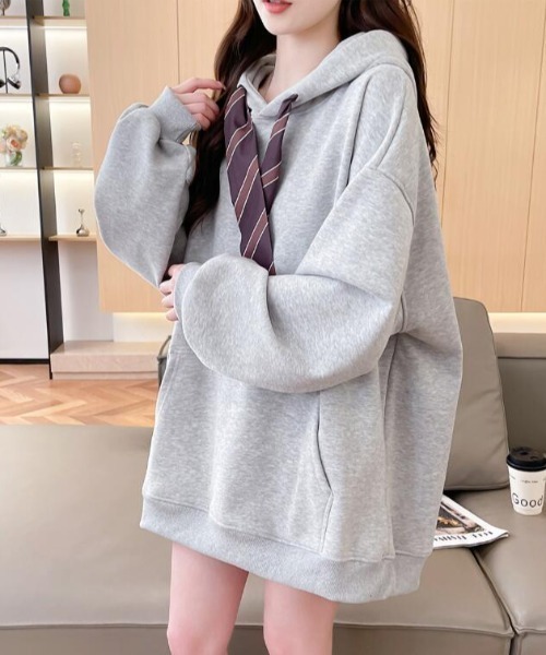 パーカー ネクタイ付きオーバーサイズパーカー パーカーワンピース風