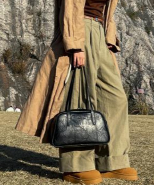 ボストンバッグ ビンテージ調 ロゴ ステッチ ミニボストン レディース