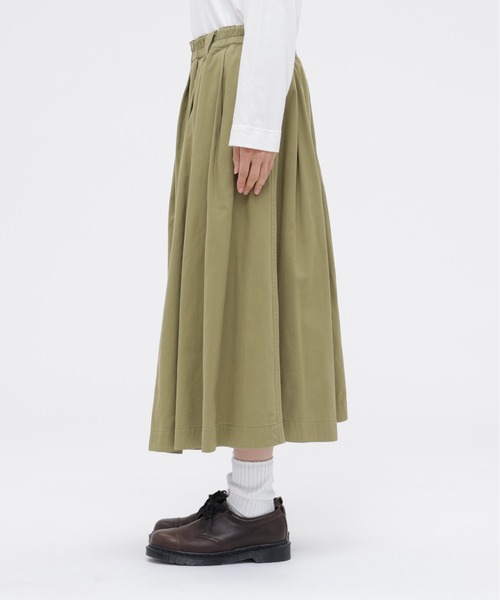 MHL. ウール コットン プリーツ ロングスカート ブラウン カーキ II M MHL.（エムエイチエル） スカート FINE COTTON CHINO TWILL : ZOZOTOWN