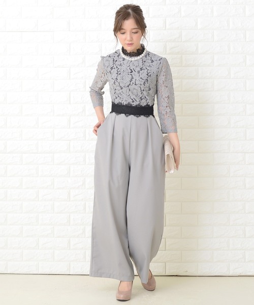 Lace Ladies パンツドレス レース七分袖 オールインワン・パンツ