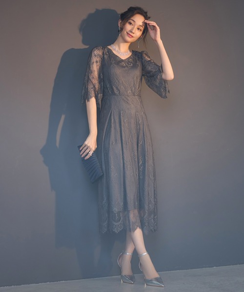 ワンピース レース Aライン エレガント ミモレ丈 シフォンドレス DRESS+ ドレス ワンピース 総レース Aライン ミモレ丈 結婚式