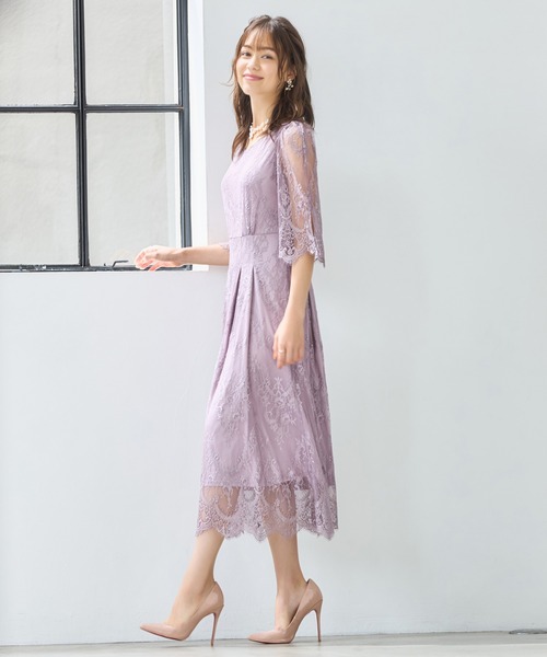 ハイネック レース Aライン ワンピース ミモレ丈 エレガント DRESS+ ドレス ワンピース 総レース Aライン ミモレ丈 結婚式