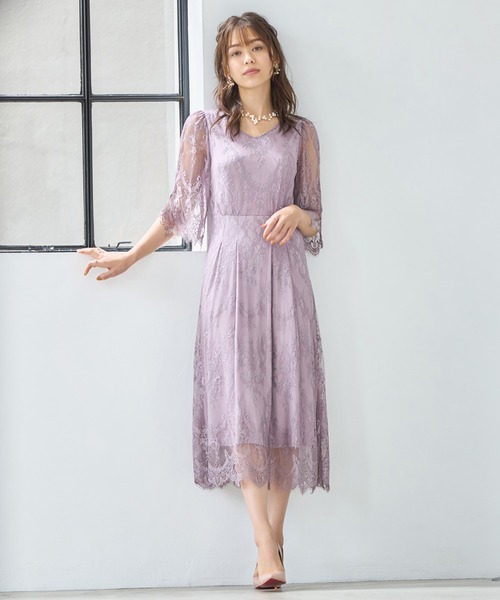 DRESS+ ドレス ワンピース 総レース Aライン ミモレ丈 結婚式
