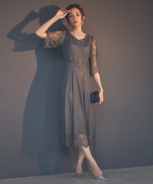 DRESS+ ドレス ワンピース 総レース Aライン ミモレ丈 結婚式