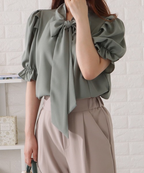 Lace Ladies ブラウス シャツ ボウタイ付きタック入りパワー