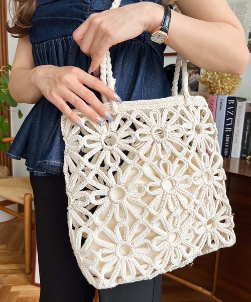 moment+ トートバッグ フラワー編みトートバッグ レディース