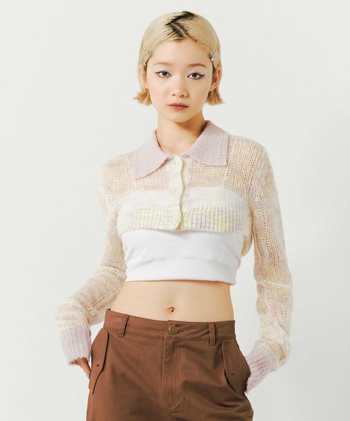 カーディガン atmos pink 襟付き ショート丈 ニットカーデ レディース