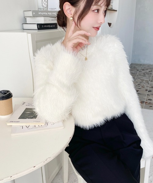 moment+ ニット セーター クルーネックショート丈ロングフェザー
