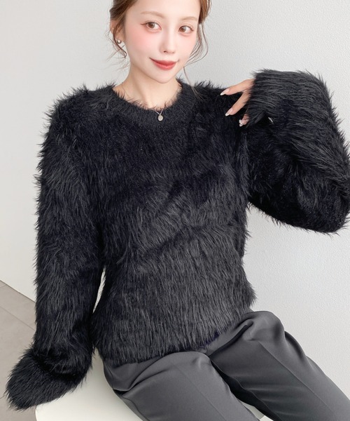 【美品】M-PREMIER エムプルミエ ニット グレー サイズ:38(M) / フェレット クルーネック プルオーバー ニット / ショート丈 長袖 ファー / トップス セーター【レディース】【中古】 moment+ ニット セーター クルーネックショート丈ロングフェザーニット