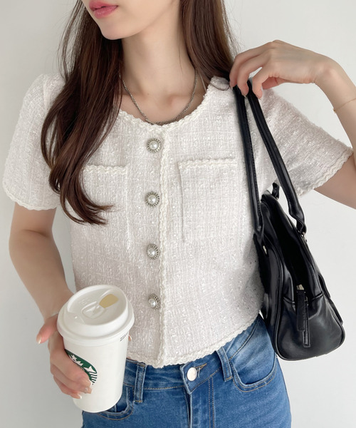 2025春大特価セール！ Ada. tシャツ ツイード ショート丈 半袖 パールボタン トップス