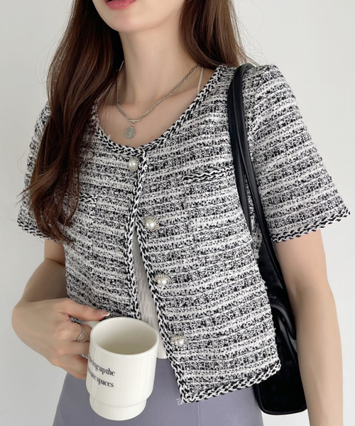 Ada. tシャツ 半袖 ツイード ショート丈 半袖 パールボタン パイピング