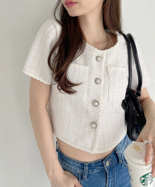 Ada. tシャツ ツイード ショート丈 半袖 パールボタン