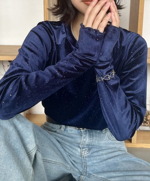 tシャツ フィンガーホールラメベロアトップス レディース | ブランド登録なし