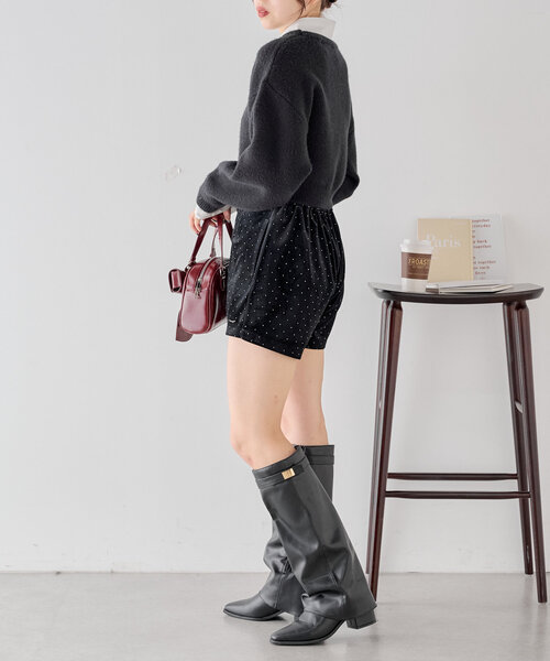 REXEIZEN ベロアショートパンツ Chico パンツ ラインストーンベロアショートパンツ レディース