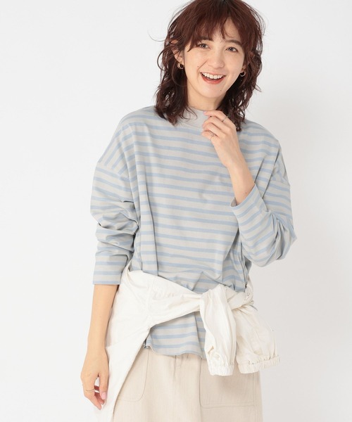 tシャツ 「WEB限定」グログランボーダー切替えプルオーバー「手洗い可能」 レディース studio CLIP tシャツ プチハイネックボーダースリットプル