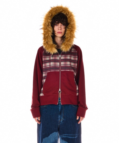 パーカー CHECK PRINT ZIP UP FUR HOODIE レディース
