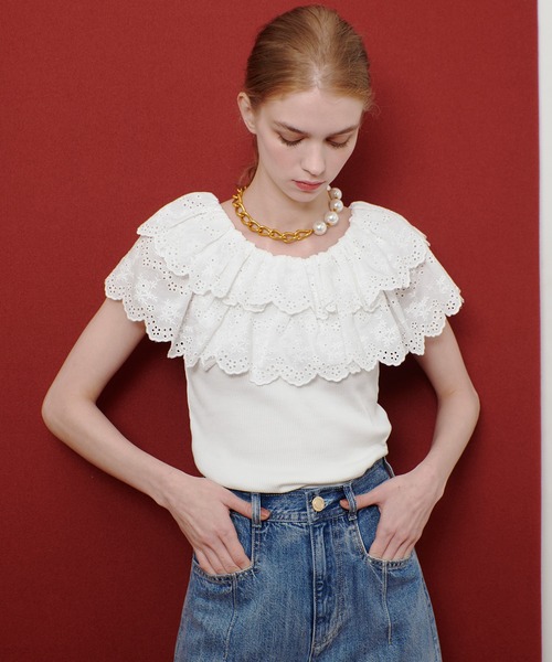 tシャツ 「LOULOU WILLOUGHBY」レーススカラッププルオーバー レディース