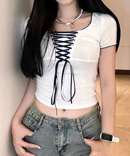 tシャツ 胸切替レースアップトップス レディース