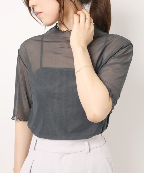 tシャツ 半袖 シアーハイネック メッシュ半袖トップス レディース