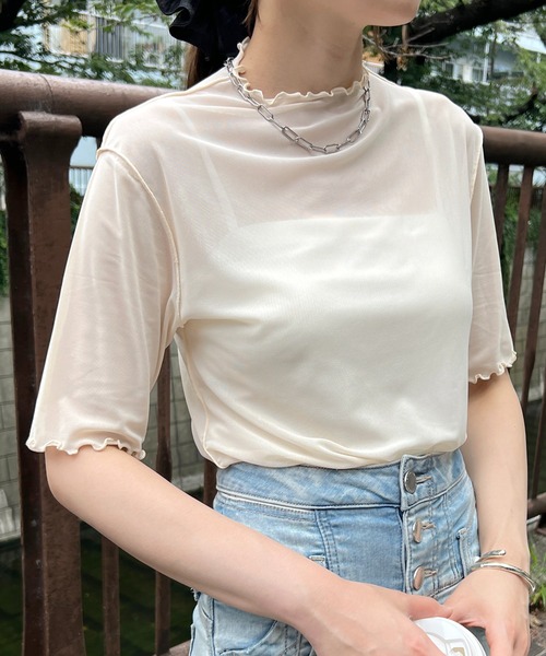 tシャツ 半袖 シアーハイネック メッシュ半袖トップス レディース