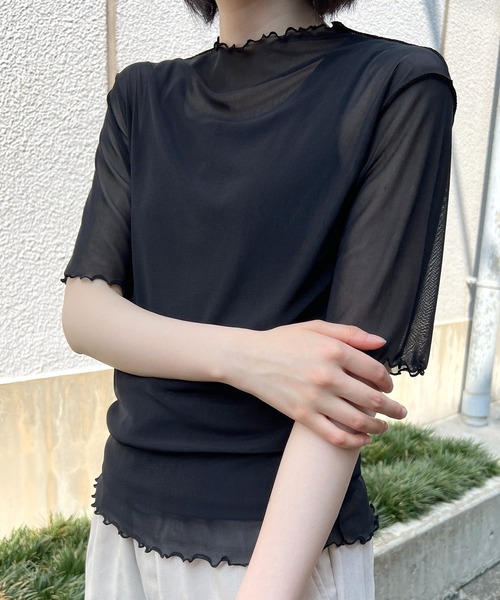 新品 DIESEL シアートップス メッシュ 半袖 ブラック S tシャツ 半袖 シアーハイネック メッシュ半袖トップス レディース