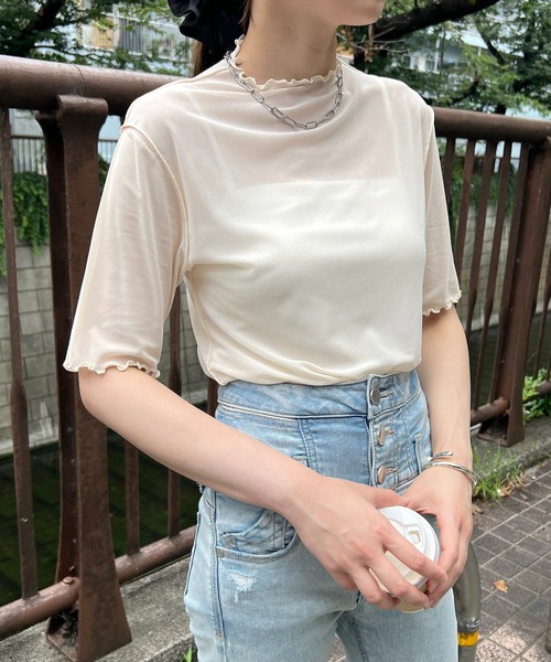 tシャツ 半袖 シアーハイネック メッシュ半袖トップス レディース