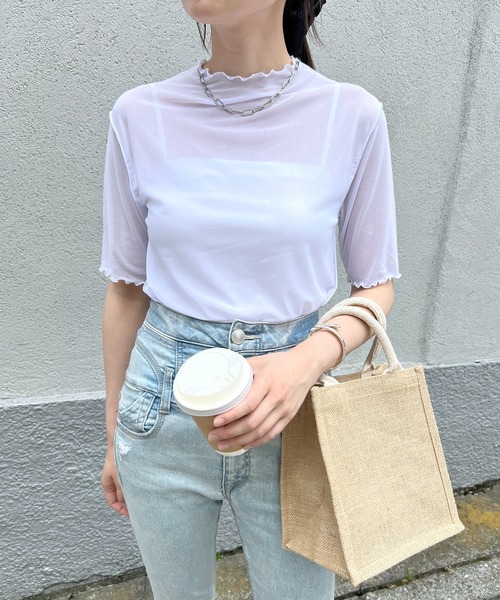 tシャツ 半袖 シアーハイネック メッシュ半袖トップス レディース