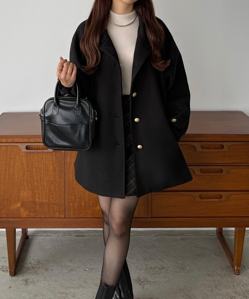 新品タグ付き★callautia ゴールドボタン ミドルコート ブラウン L callautia ステンカラーコート コート ゴールドボタンミドル