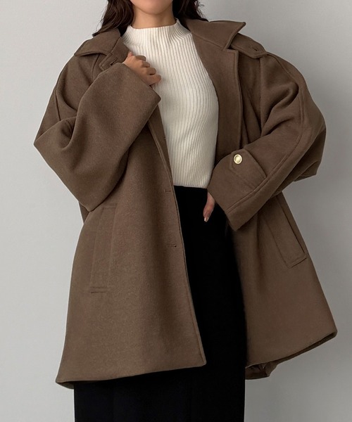 新品タグ付き★callautia ゴールドボタン ミドルコート ブラウン L callautia ステンカラーコート コート ゴールドボタンミドル
