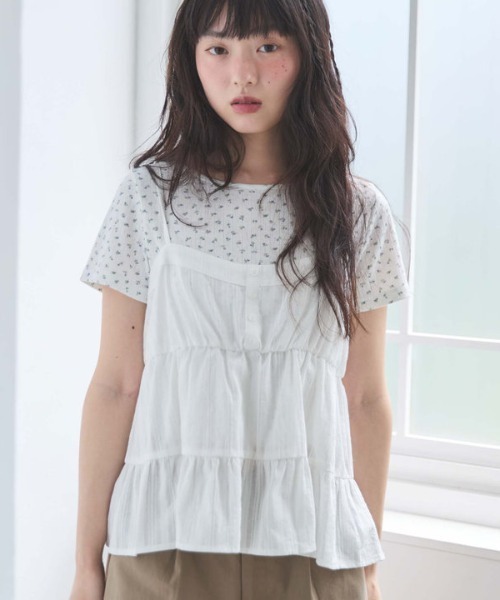 アンサンブル 花柄針抜きカットＴＯＰＳ×からみ刺繍フレアキャミＳＥＴ