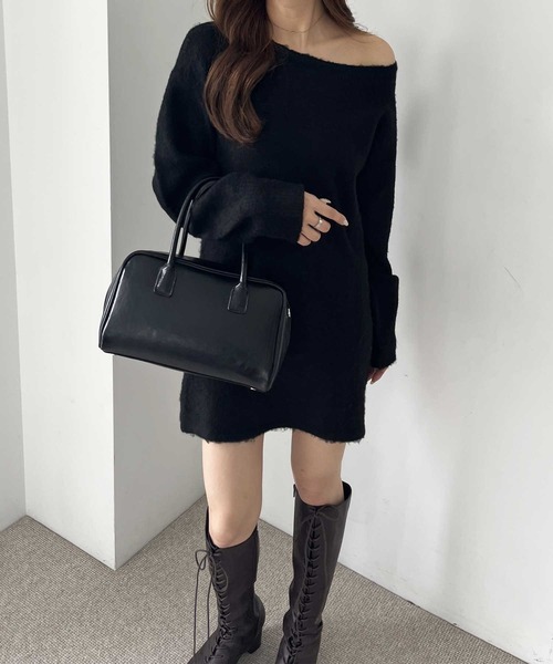 nelliy. ワンピース シャギーオフショルミニ丈ニットワンピース