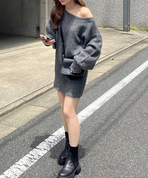 nelliy. ワンピース シャギーオフショルミニ丈ニットワンピース