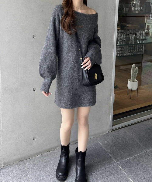 nelliy. ワンピース シャギーオフショルミニ丈ニットワンピース