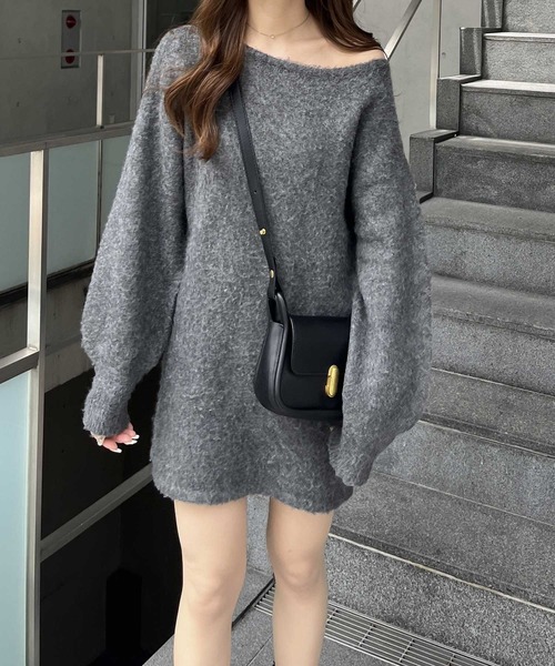 nelliy. ワンピース シャギーオフショルミニ丈ニットワンピース