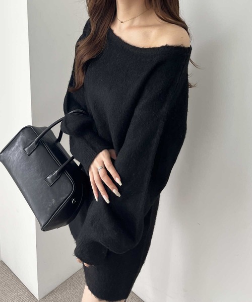 nelliy. ワンピース シャギーオフショルミニ丈ニットワンピース