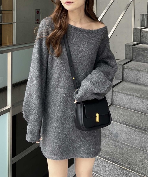 nelliy. ワンピース シャギーオフショルミニ丈ニットワンピース