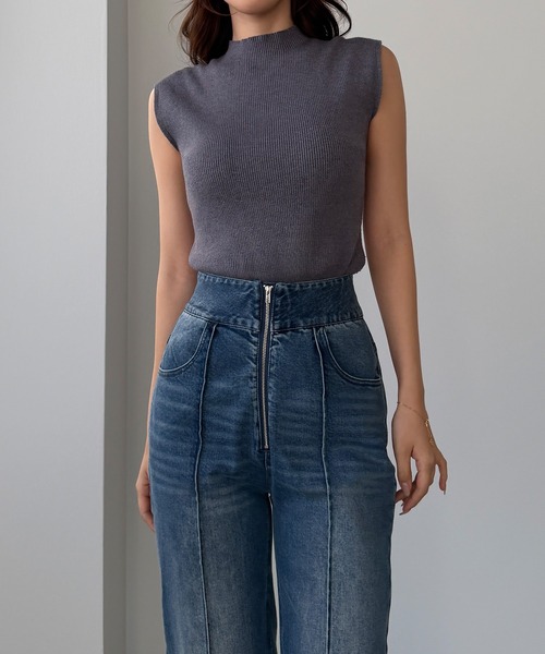 【ブラック】Louere ハイウエストファスナーデザインストレッチストレートデニムパンツ JUNOAH｜Louere ハイウエストファスナーデザインストレッチストレート