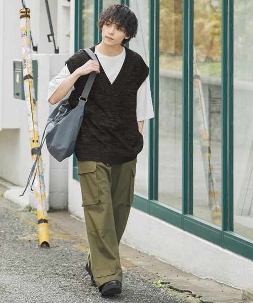 MONO-MART ベスト ジレ メランジVネックルーズニットベスト