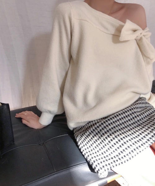 leune（ルネ） ニット セーター オフショルリボンニットプルオーバー