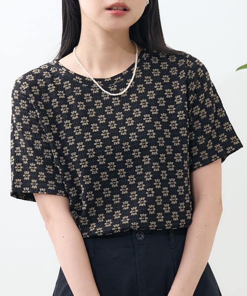 tシャツ ふくれジャカードカフス付きカットソー レディース ふくれジャガードシャーリングカットソー
