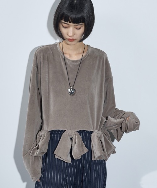 THE Yon tシャツ Tシャツ リボンモチーフベロアトップス