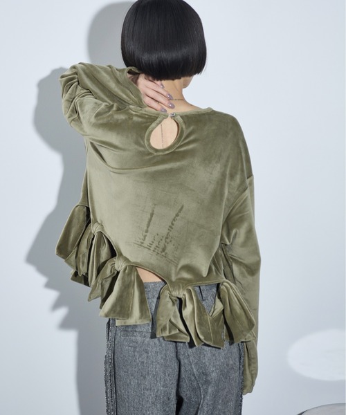 thenewyouthpark リボントップス THE Yon tシャツ Tシャツ リボンモチーフベロアトップス