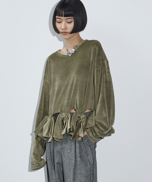 THE Yon tシャツ Tシャツ リボンモチーフベロアトップス