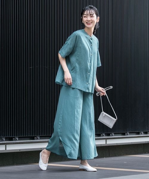 ユタUTAA グリーン セットアップ美品sサイズインパン付き studio CLIP パンツ 「ウタオ」麻調シアーパンツ レディース