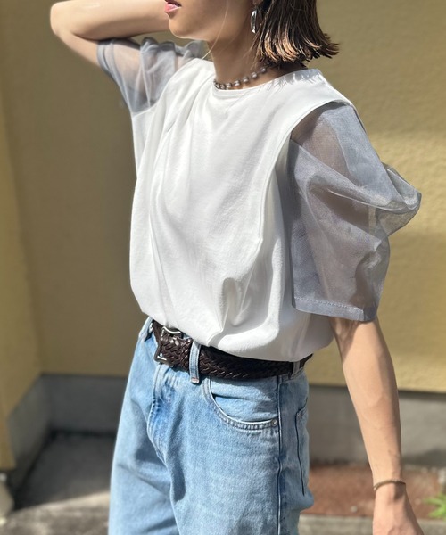 mi via loca tシャツ 配色チュールボリュームスリーブ タック