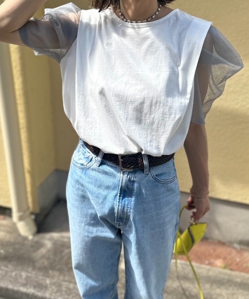 mi via loca tシャツ 配色チュールボリュームスリーブ タック