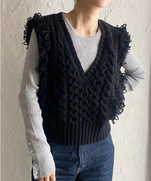 She's Closet ベスト ジレ 深Vネックショート丈ケーブル編みループ