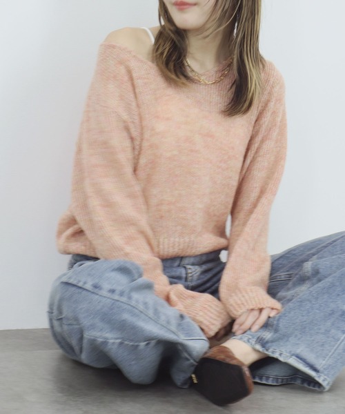 ニット セーター 「ZOZO限定」MIXカラーシアーニット クルーネック 長袖 メランジ ローゲージ クロップド丈 韓国 シンプル ピンク グレー チ